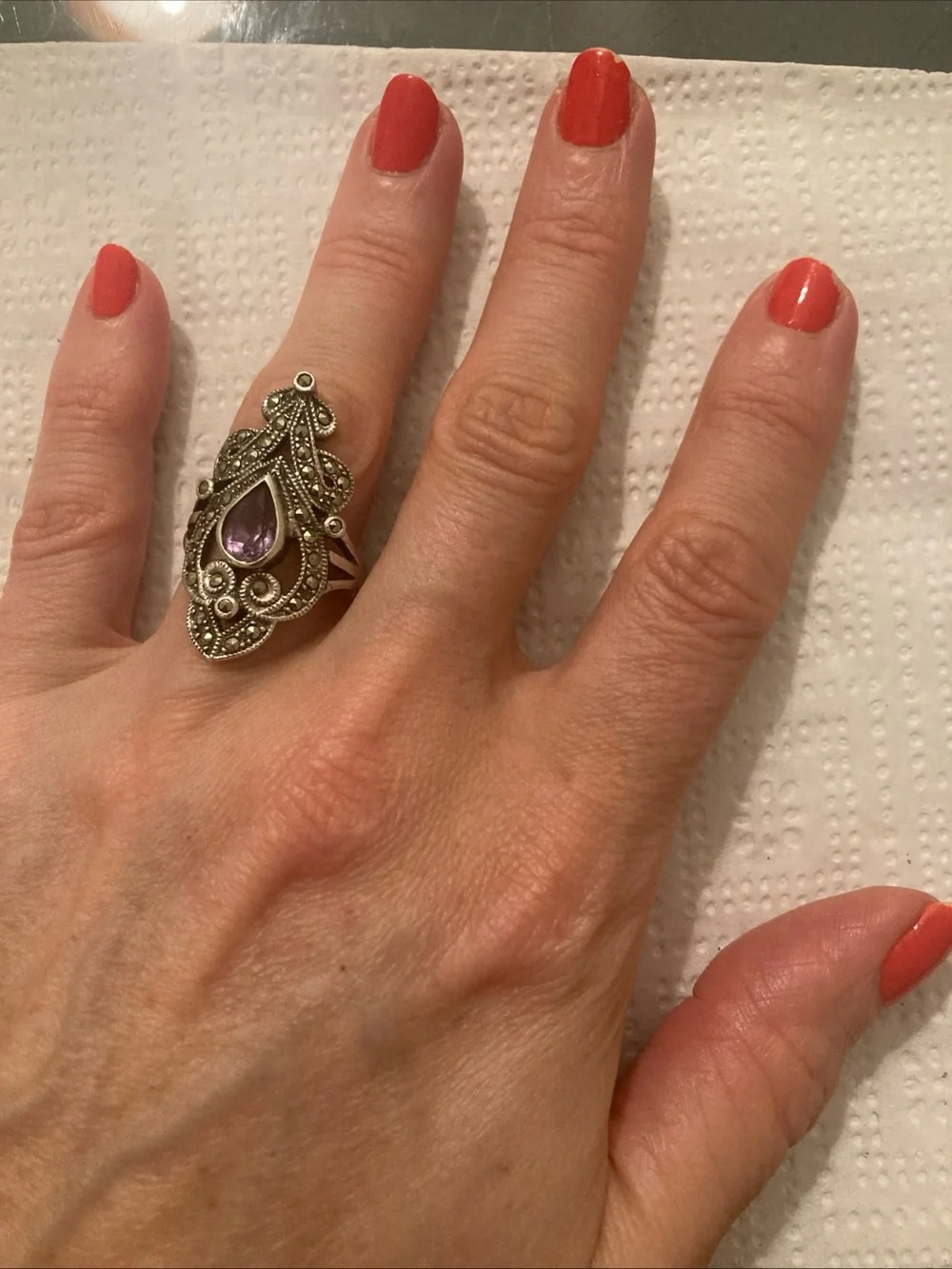 925 Sterling Silver Vintage Real Amethyst & Marcasite Oxidized Ring Size 7